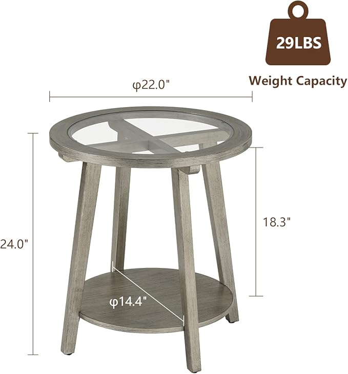 COSIEST 2-Tier End Table with Tempered Glass Top, Round MDF Side Table with Storage Shelf, Modern Wood Accent Table for Bedroom Living Room Home Office, Antique Silver-Ruum Studio Home