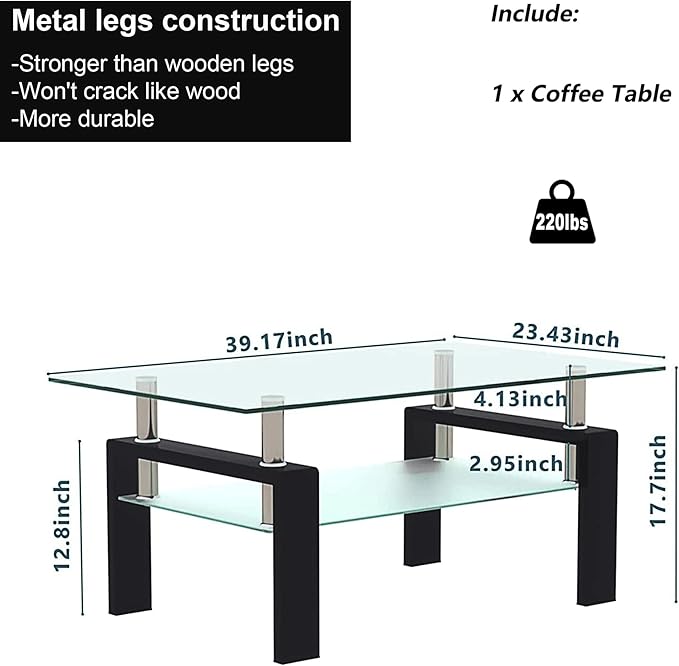 Glass Coffee Table for Living Room, 2 Layer Center Table with Clear Rectangle Tempered Glass Top Black Metal Leg, Mordern Home Office Furniture-Ruum Studio Home