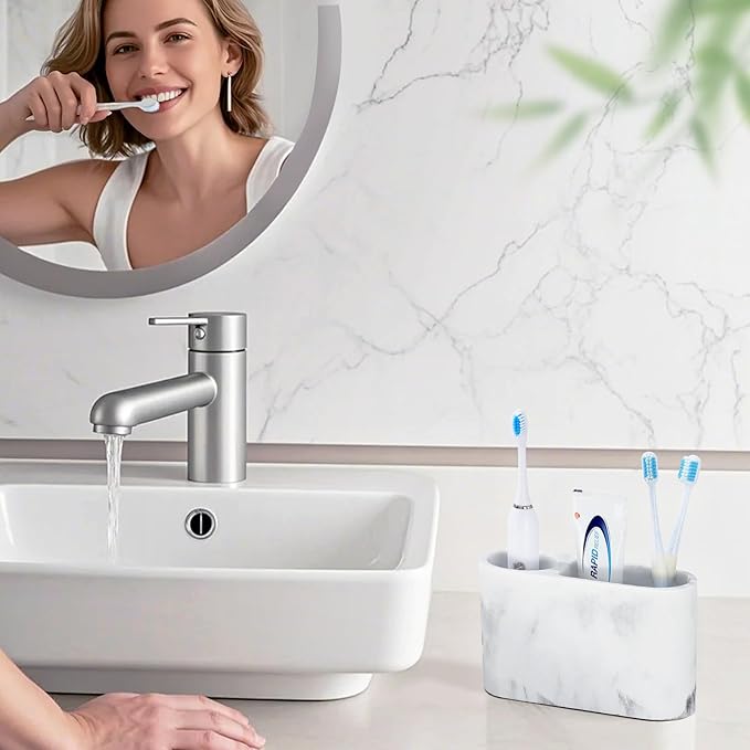 Luxspire Toothbrush Holder, 2 Slots Toothbrush and Toothpaste Holdersfor Bathrooms, Resin Toothbrush Holder Electric Toothbrush Stand for Vanity Countertop, Bathroom Accessories, Gravel White-Ruum Studio Home