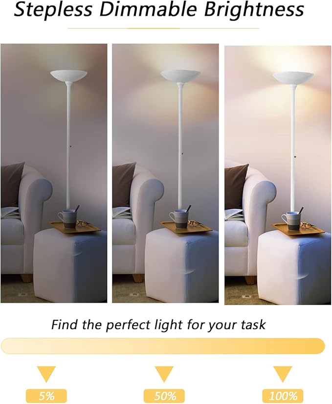 BoostArea Torchiere Floor Lamp, 30W Super Bright LED Standing Lamp, 3000K Stepless Dimmable Pole Lamp with Rotary Switch, 70 Inch Tall Metal Modern White Floor lamp for Living Room/Bedroom/Office/Den-Ruum Studio Home
