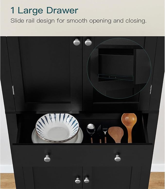 usikey 72” Kitchen Pantry Cabinet, Tall Storage Cabinet with 4 Doors and 1 Drawer, Freestanding Cupboard with 6 Hanging Shelves and Adjustable Shelves for Kitchen, Dining Room,Living Room, Black-Ruum Studio Home
