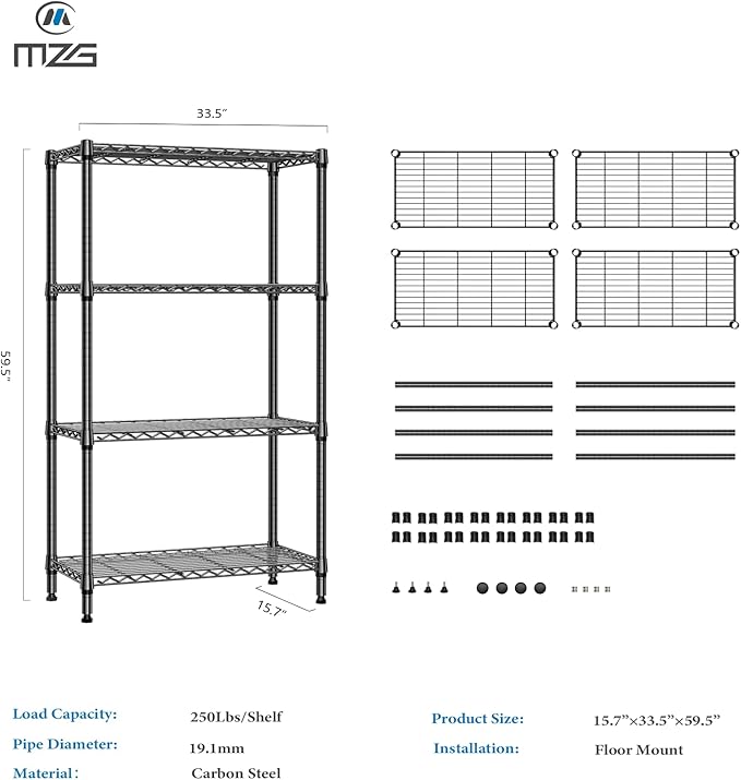 1000 lbs 4 Tier Shelf Metal Storage Shelves Shelving Wire Rack Heavy Duty Closet Organizers for Garage Kitchen Bathroom Laundry Black 15.7" D x 33.5" W x 59.5" H-Ruum Studio Home