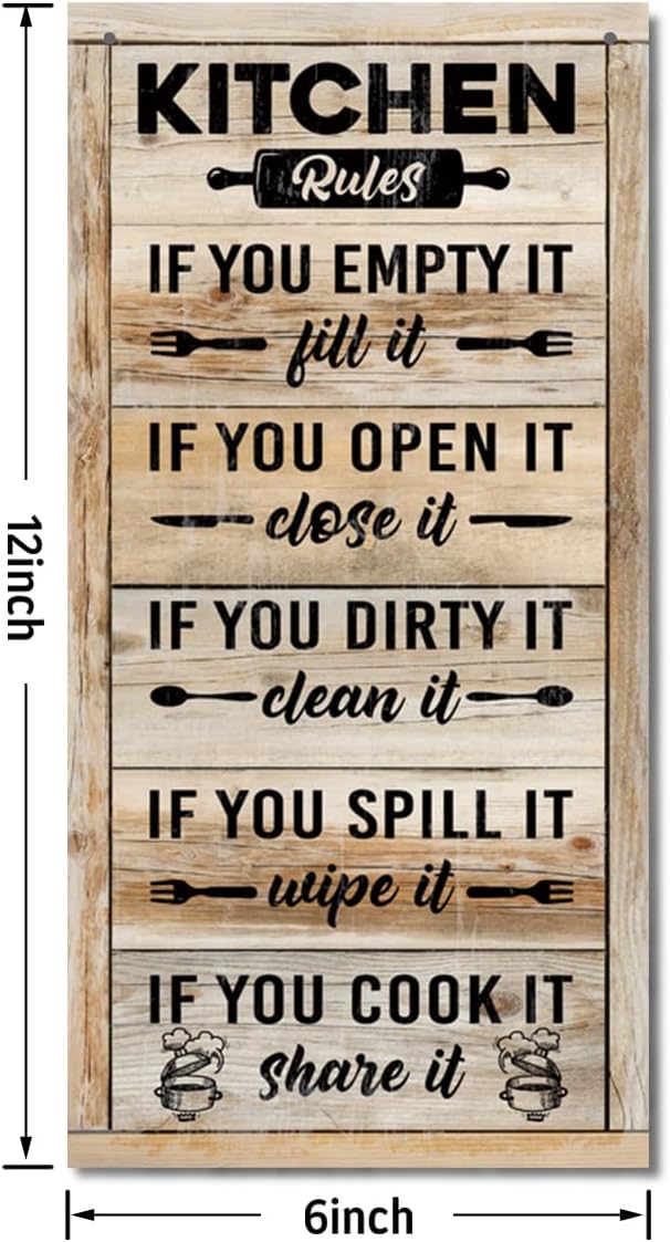 Hanging Kitchen Rules Wood Decor Sign, Rustic Kitchen Wooden Signs, Printed Wood Wall Art Sign, Kitchen Door Rules Rustic Sign, Hanging Wood Sign Kitchen Decor, Funny Farmhouse Kitchen Wall Décor E1-Ruum Studio Home