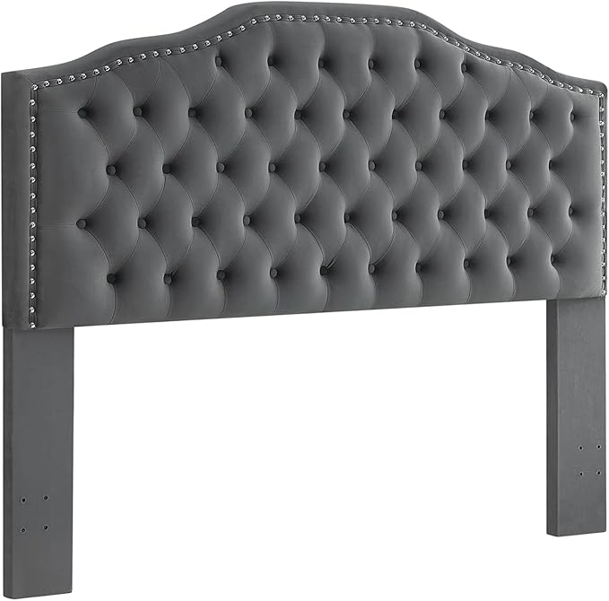 24KF Upholstered Button Tufted Queen/Full Size Headboard with Nailhead Trim, Soft Velvet Fabric - Dark Gray-Ruum Studio Home