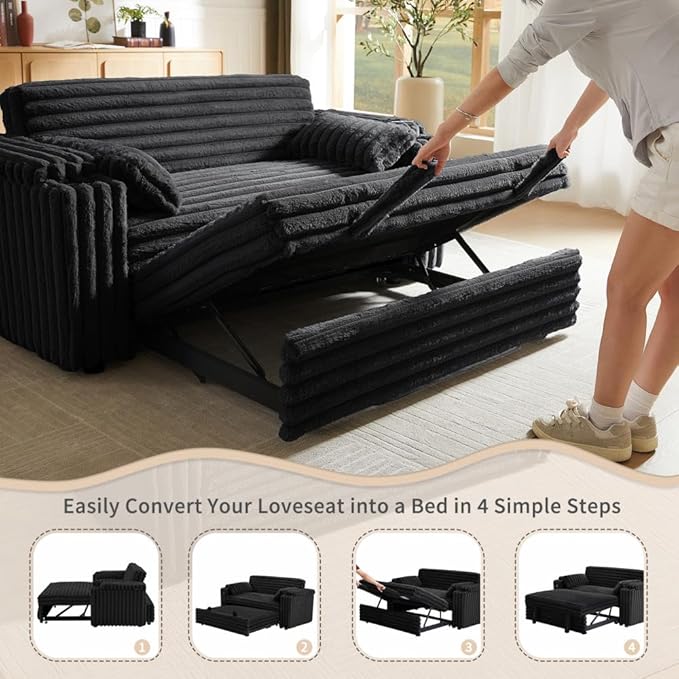 68.11" Corduroy Convertible Sofa Bed with USB Charging Port, Foldable Sleeper Chair with Pillows & Armrests, 3-in-1 Floor Couch for Living Room, Bedroom, Guest Room – Black-Ruum Studio Home