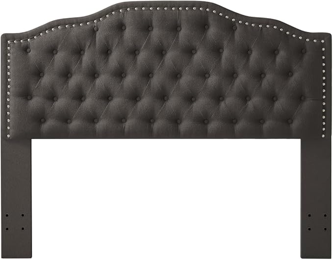 24KF Upholstered Button Tufted Queen Headboard with Nailhead Trim, Elegant Boucle Fabric Full headboard, 6031-Q-Boucle-Dark Gray-Ruum Studio Home