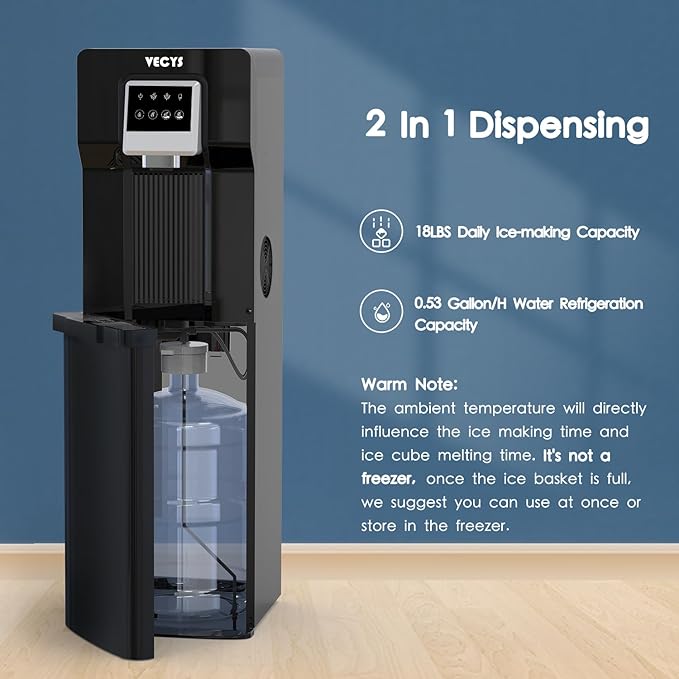VECYS Bottom Loading Water Cooler with Ice Maker, Cold Water Supply with 18LBS Daily Ice Making, Compatible with 3 or 5 Gallon Bottles, Ideal for Home and Office (No Hot Water)-Ruum Studio Home