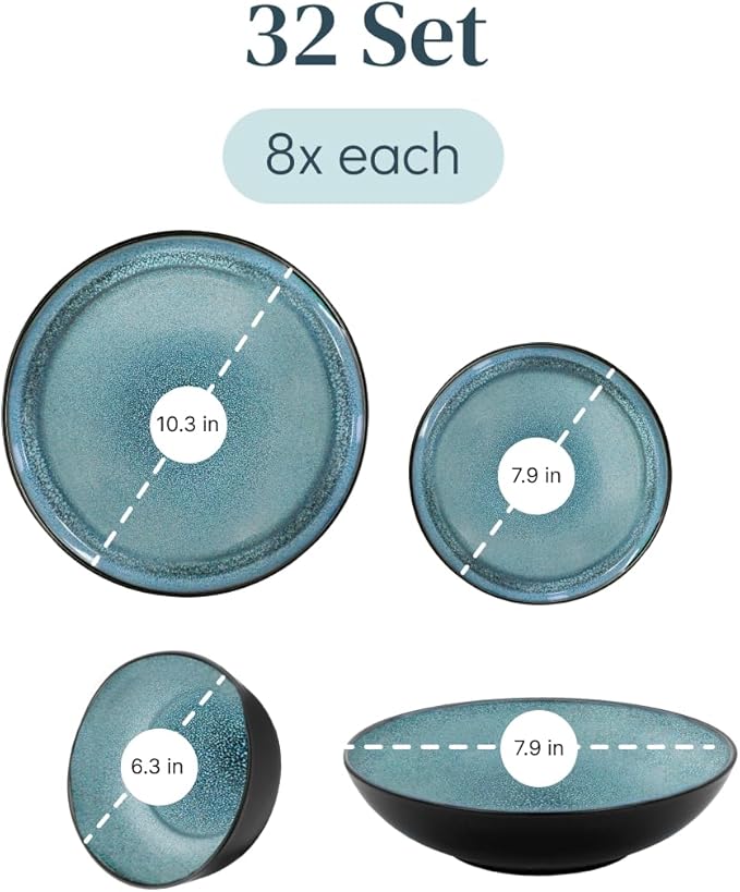 32 Piece Dinnerware Sets for 8 - Modern Style Stoneware Dinnerware Set - Scratch Resistant, Dishwasher Safe Plates and Bowls Sets Ceramic, Dish Set, Bowl and Plate Set - Black and Petrol Blue…-Ruum Studio Home