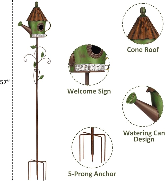 BAYN 57” Bird Houses Stake for Outside, Metal Watering Can Birdhouse Garden Stake Wild Bird Feeder Pole with Welcome Sign Outdoor Decorations for Patio, Backyard, Garden-Ruum Studio Home