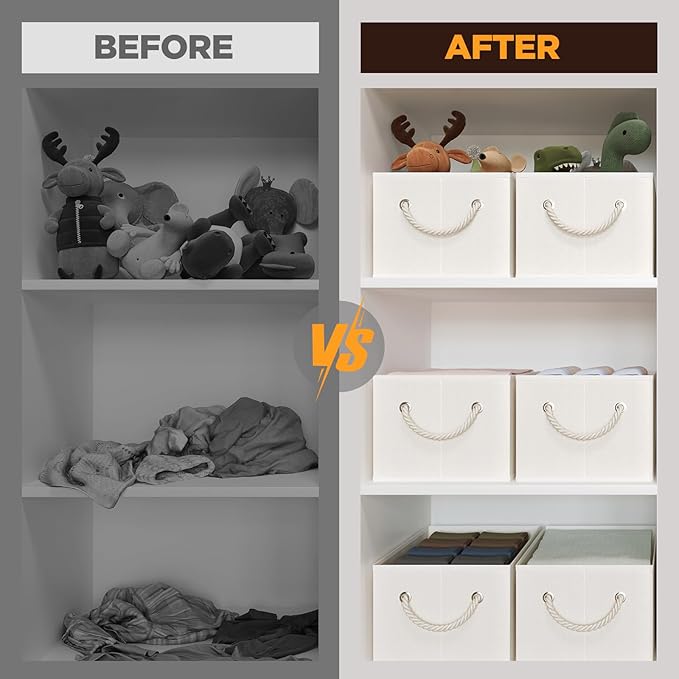 Closet Storage Bins, Linen Closet Organizers and Storage Basket for Shelves, Collapsible Shelf Baskets for Organizing Shelves, Bedroom Clothes Basket, Beige, 3 Pack-Ruum Studio Home