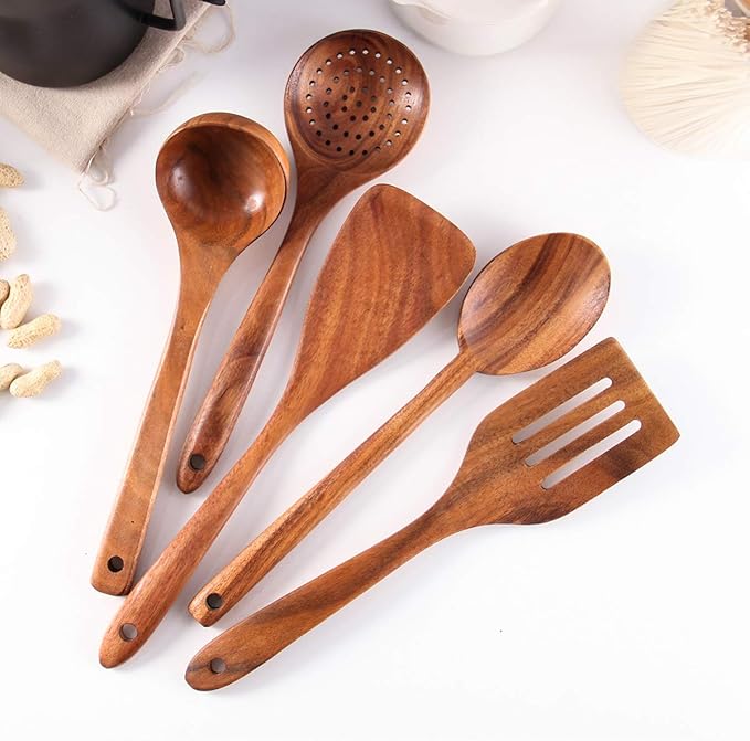 Wooden Spoons for Cooking, Cooking Utensils Set of 6 Natural Teak Wooden Cooking Spatulas with Utensils Holder Comfort Grip Wooden Kitchen Utensils for Nonstick Cookware-Ruum Studio Home