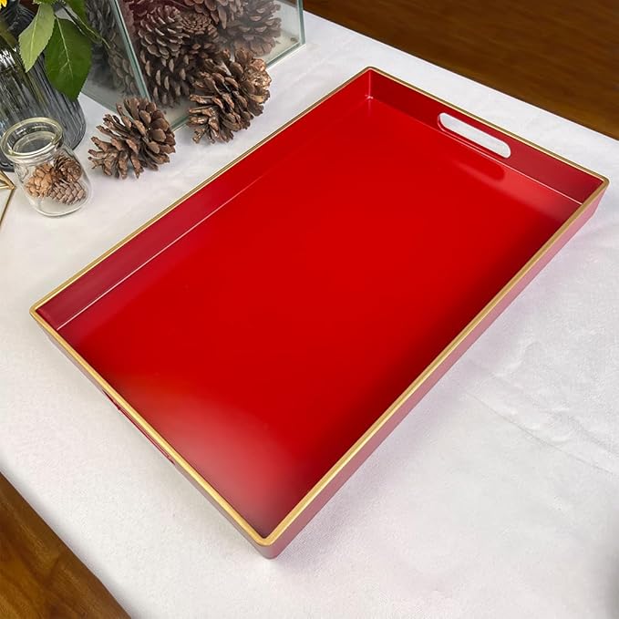 Red Decorative Tray, Rectangular Serving Tray with Handles, Plastic Coffee Table Tray for Ottoman, Living Room, Kitchen Tabletop, 15.6” x 10.2” x1.37”-Ruum Studio Home