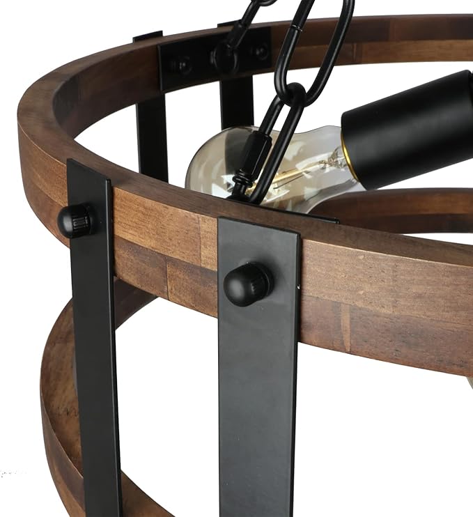 Farmhouse Rustic Wood Chandelier, 4-Light Industrial Drum Chandelier for Dining Room Vintage Pendant Hanging Light Fixture with Black Metal Accent for Kitchen Living Room Dining Area-Ruum Studio Home
