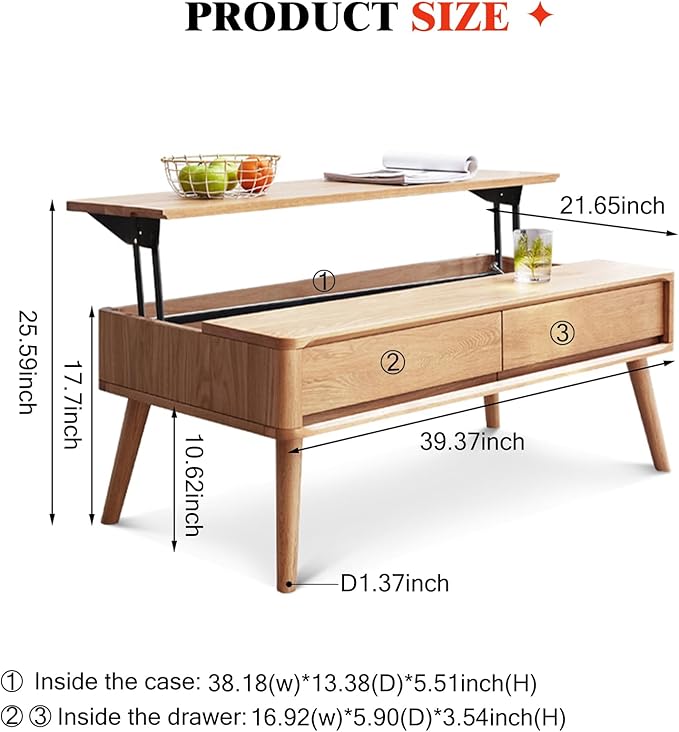 100% Solid Wood Lift Top Coffee Table for Living Room, Mid Century Modern Tables with Drawers and Large Storage, Oak Coffee Tables for Small Spaces (Oak Wood Log, 39.37" W x 21.65" D x 25.59" H)-Ruum Studio Home