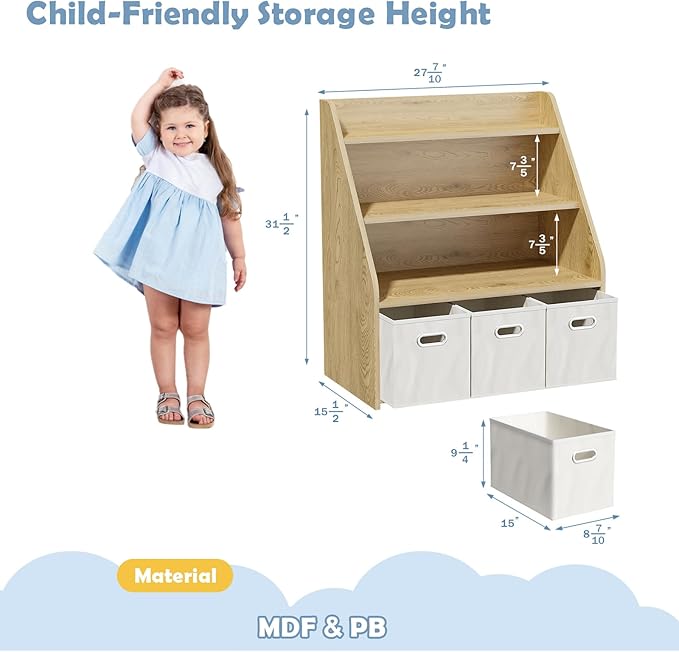 Kids Bookshelf and Toy Organizer, Wooden Kids Bookcase, Toddler Montessori Bookshelf with 3 Movable Drawers, Toy Storage Organizer for Kids Room, Living Room, Nursery-Ruum Studio Home