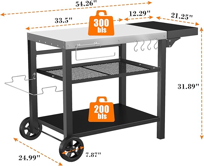Grill Cart, Outdoor Grill Table, Pizza Oven Stand, Three-Shelf BBQ Table, Movable Dining Cart with Drawer, Fits for Ninja Woodfire Grill, Blackstone Griddle,Tabletop Grill-Ruum Studio Home