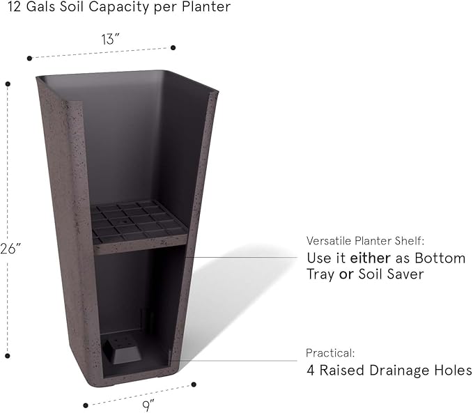 LA JOLIE MUSE 26 inch Tall Planters for Outdoor Plants,Set of 2 Tapered Planters with Trays,Iron Plastic Rectangular Tall Planters for Front Door, Patio and Deck, 26'' Iron With Tray-Ruum Studio Home