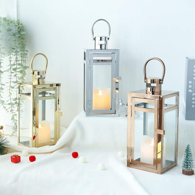 TRIROCKS Stainless Steel Decorative Lantern 12'' High Metal Candle Holder with Clear Glass Panels Perfect for Home Decor Living Room Parties Events Tabletop Indoors Outdoors (Rose Gold)-Ruum Studio Home