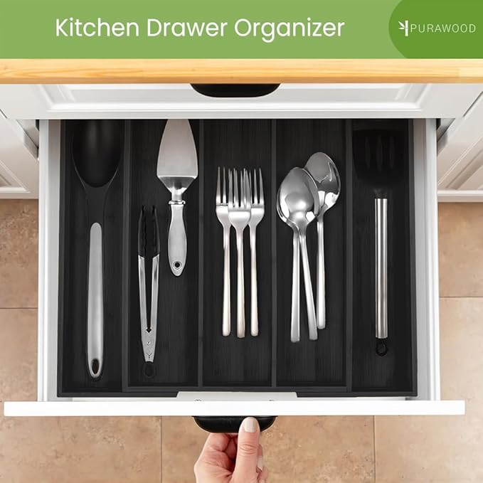 Purawood Kitchen Drawer Organizer - Expandable Utensil Organizer for Kitchen, Cutlery Tray & Silverware Organizer, 3-5 Slots - Bamboo Drawer Organizer for Utensils & Flatware (Black)-Ruum Studio Home