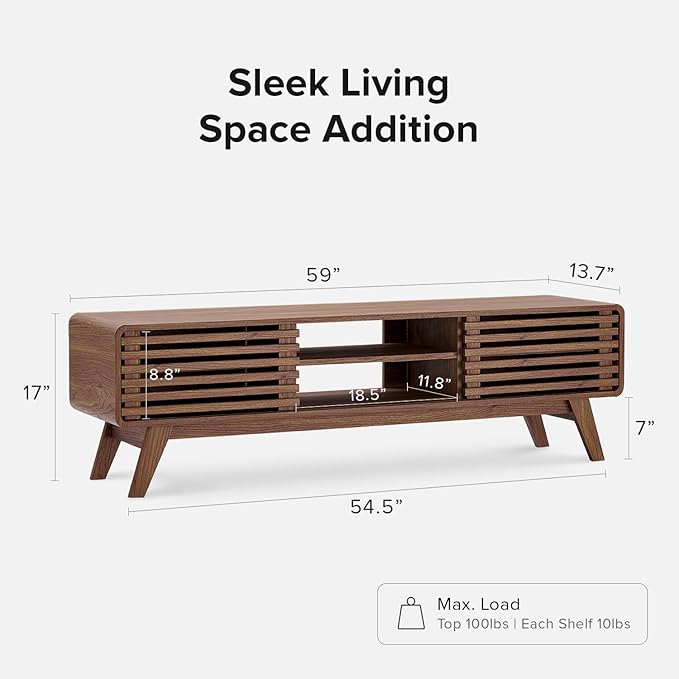 mopio Ensley TV Stand, Mid Century Modern for 55/60/65 inch TV, Farmhouse TV Stand, Entertainment Center with Storage, TV and Media Consol for Living Room (Walnut, 59")-Ruum Studio Home
