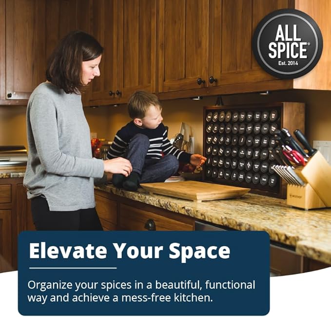 AllSpice Spice Rack Organizer, Wood, 525 Unique Labels, Countertop or Wall Mount, Includes 60 4oz Jars- Walnut Stain-Ruum Studio Home