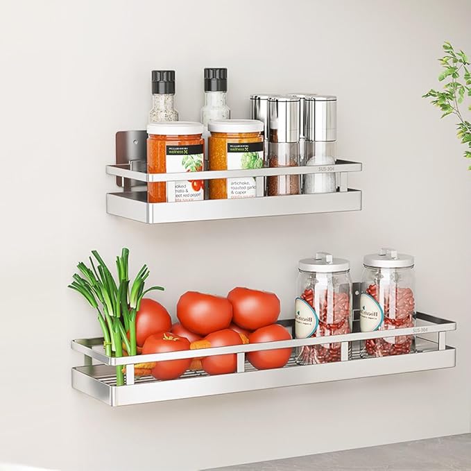 2PCS Kitchen Spice Rack, SUS304 Stainless steel Wall Mount Storage Rack, Seasoning Container, 19.7Inch Spice Organizer, Kitchen Seasoning Hanging Rack, Bathroom Shelf for Storing Toiletries-Ruum Studio Home