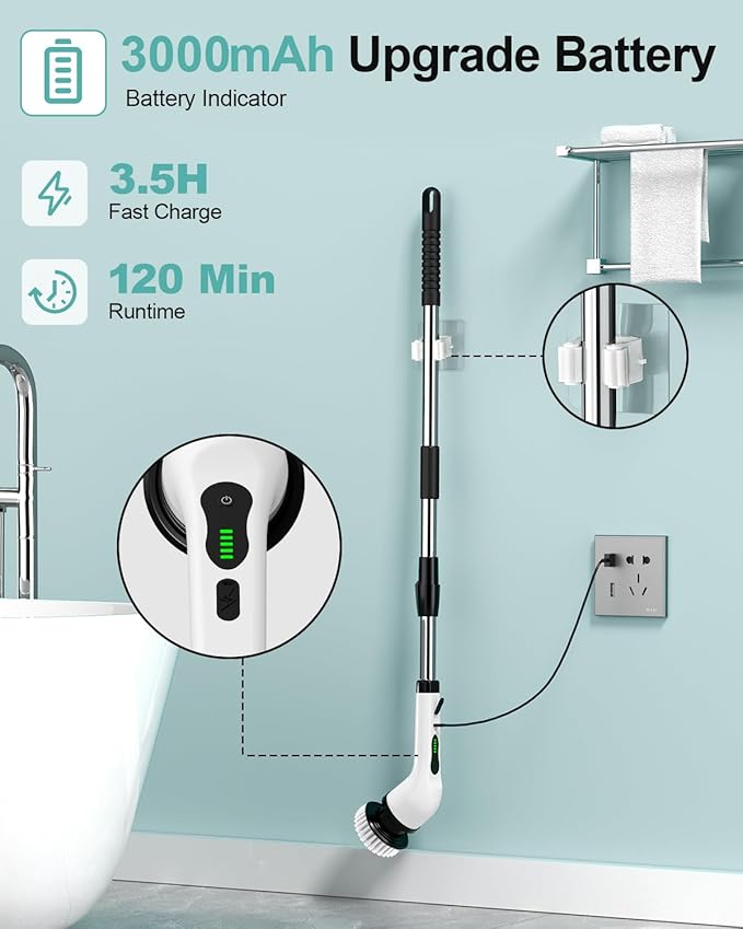 Electric Spin Scrubber, Cordless Shower Scrubber Rotary Floor Brushes & Pad Drivers with 9 Brush Heads - 2H Dual Speed, IPX7 Waterproof Extension Handle for Bathroom Tile Car Cleaning, Whtie-Q-Ruum Studio Home