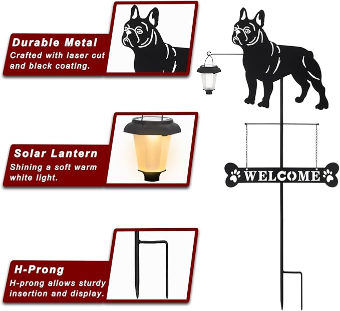 BAYN Solar French Bulldog Silhouette Dog Breed Welcome Sign with a Lantern Outdoor Decorative Garden Stakes for Yard, Lawn, Patio, Pathway-Ruum Studio Home