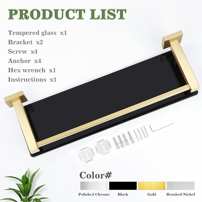Alise Bathroom Glass Shelf with Stainless Steel Railing, Gold Small Tempered Glass Floating Wall Shelf Over The Toilet, 16 inch-Ruum Studio Home