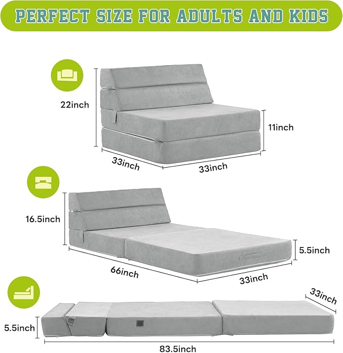 jela Foldable Sofa Bed Soft Foam Convertible Sleeper Chair Luxury Miss Fabric Fold Out Chair Bed Floor Couch with Back Support Floor Sofa for Living Room Bedroom (83"x33",Light Grey)-Ruum Studio Home