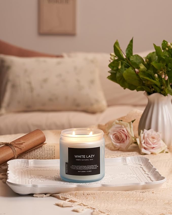 M&SENSE Jasmine & Clean Cotton Spring Scented Candle, 11.6oz Aromatherapy Gifts 2 Wick 70 Hours Long Lasting Burn, Natural Organic Soy Candle, Housewarming Gifts for Dad Mom Friends-Ruum Studio Home