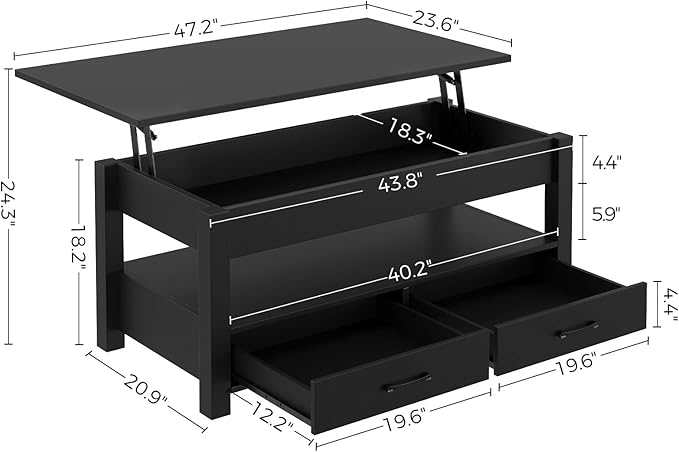Rolanstar Coffee Table, 47.2" Lift Top Coffee Table with Drawers and Hidden Compartment, Retro Central Table with Wooden Lift Tabletop, for Living Room,Black-Ruum Studio Home