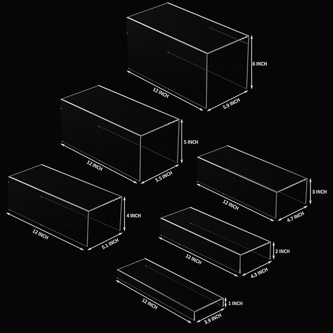 Rectangular Acrylic Display Risers 6pcs, Clear Display Storage Stands, Acrylic Display for Funko Pop Figure, Desserts, Cupcake, Toys, Collectibles, Merchandises- 12-1'', 2'', 3'', 4'', 5'', 6''-Ruum Studio Home