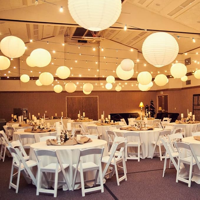 Paper Lanterns Decorative, White Hanging Round Chinese Lanterns with Lights for Wedding Anniversary Birthday Party 12 LED Light Pack of 12-Ruum Studio Home