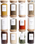 12 Pcs Glass Spice Jars With Bamboo Airtight Lids, 10oz Thicken(2.4mm) Spice Containers With 148 Minimalist Preprinted Waterproof Spice Labels, Kitchen Empty Small Storage Jars For Seasoning, Herb-Ruum Studio Home