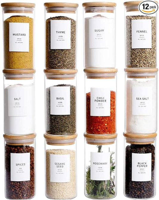 12 Pcs Glass Spice Jars With Bamboo Airtight Lids, 10oz Thicken(2.4mm) Spice Containers With 148 Minimalist Preprinted Waterproof Spice Labels, Kitchen Empty Small Storage Jars For Seasoning, Herb-Ruum Studio Home