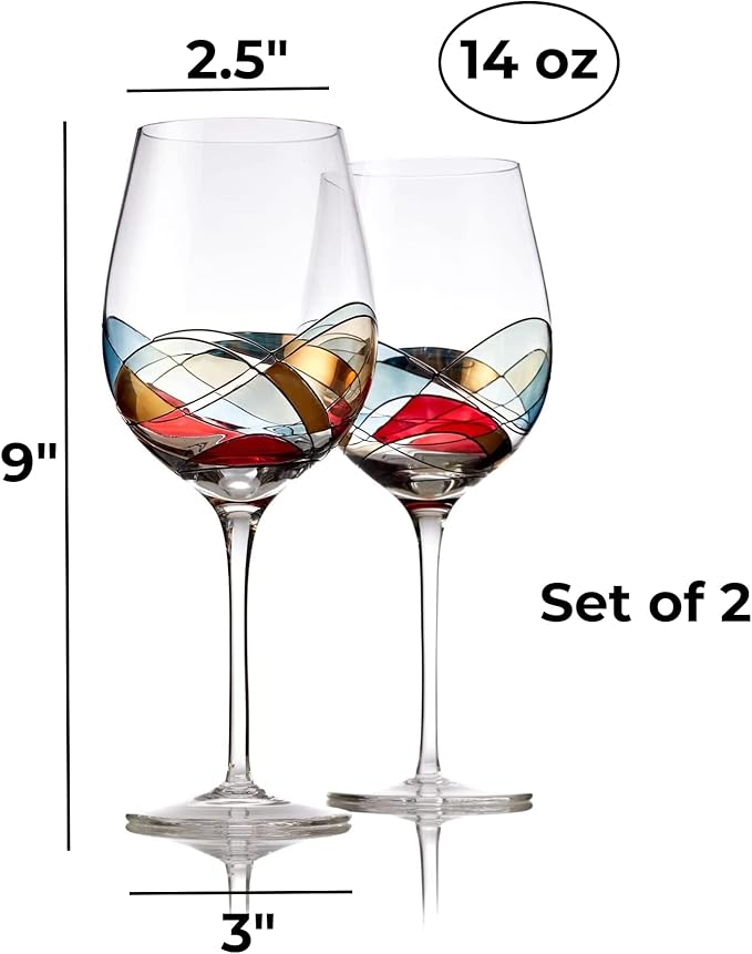 Bezrat Wine Glasses Hand Painted - Set of 2 - Women Wine Gift - Wine Lover Glass - Beautiful Glassware Gifts Ideas for Women Inspired by 'Duomo di Milano' Mothers Day - 12 oz (Red)-Ruum Studio Home