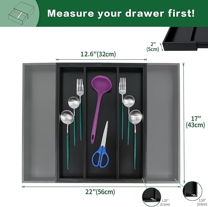 Utoplike Bamboo Drawer Organizer Kitchen Utensils, Adjustable Black Silverware Holder and Cutlery Tray Organiser, Expandable Drawer Divider for Flatware, Knives in Kitchen, Bedroom, Living Room-Ruum Studio Home