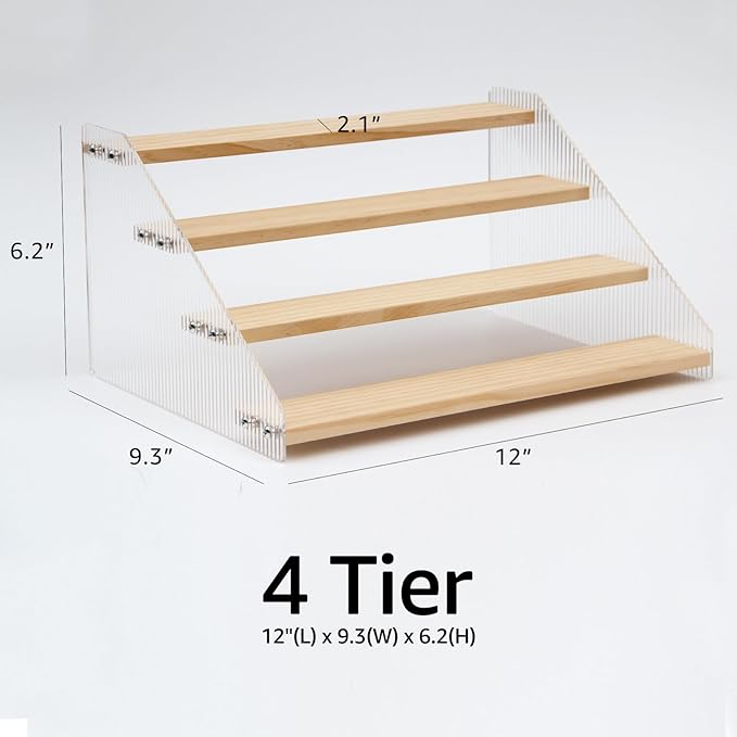 nianfeng Tiered Spice Rack, 4-Tier Spice Pantry Kitchen Cabinet Organizer, 12-Inch, Natural Wood Acrylic Stair Riser Stand, Countertop Seasoning Shelf-Ruum Studio Home