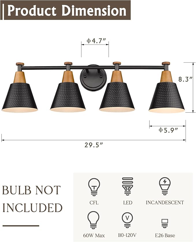 FEMILA Bathroom Vanity Light, 4-Lights Bathroom Light Fixtures Over Mirror, Modern Wall Mounted Lamp, Hammered Metal Shade, 4FG59B-4W BK-Ruum Studio Home