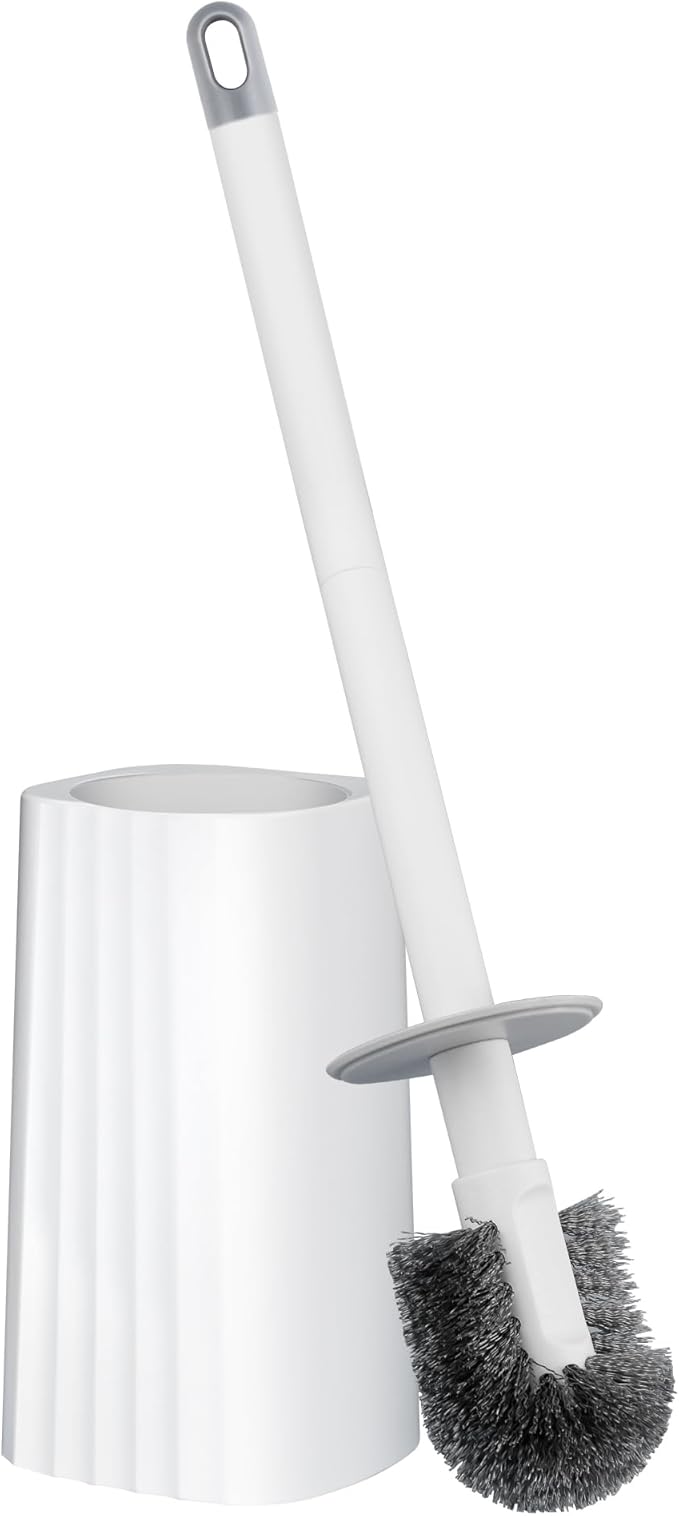 Toilet Brush & Holder Set, Lightweight Plastic Handle, Space Saving for Storage, Deep Cleaning, Drip-Proof, Easy to Assemble, Nylon Bristles, White & Grey-Ruum Studio Home