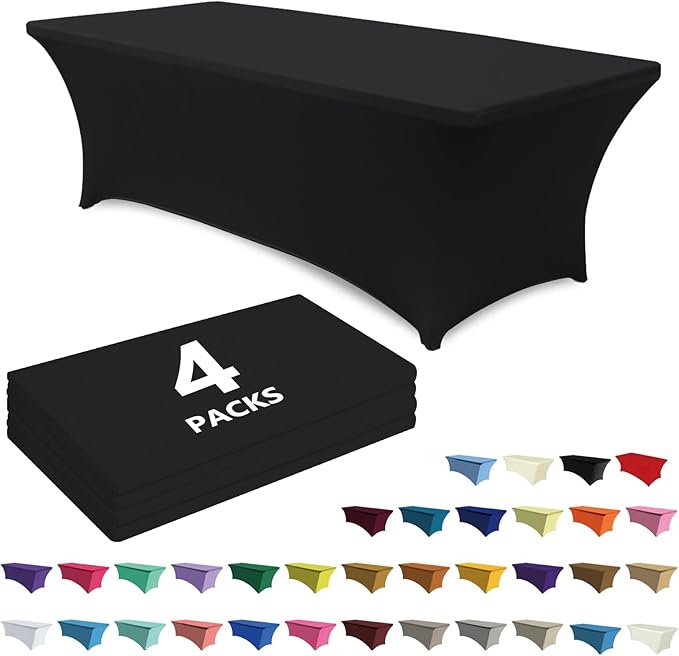ABCCANOPY 4 Pack 8 FT Black Spandex Table Cover Stretch Fitted Wrinkle Resistant Tablecloth Reuse for Rectangular Folding Table Patry Event Wedding Banquet Protector-Ruum Studio Home