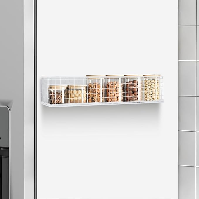 Magnetic Storage Basket, Magnetic Shelf for Fridge,Magnetic Spice Rack Wire Mesh Magnetic Organizer Holder Accessories for Office Kitchen Classroom Storage, White, 13.77" x 5.11" x3.26"-Ruum Studio Home