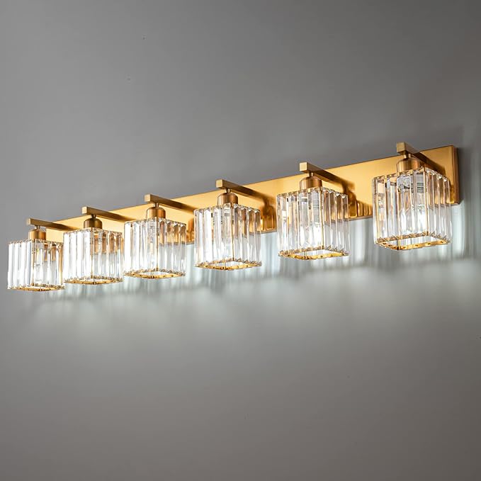 Modern 6-Light Gold Brushed Brass Finish Crystal Wall Light for Bathroom Vanity-Ruum Studio Home