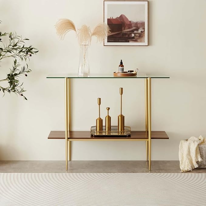 Glass Console Table for Living Room, Foyer & Entrance, 2-Tiers Mid-Century Modern Sofa Table with Clear Glass Top, Walnut Finish Wood Top and Gold Finish Metal Frame-Ruum Studio Home