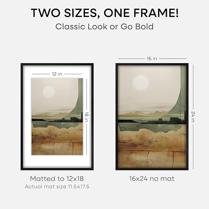 Homeforia 16x24 Black Wood Frame, High End Oak 16x24 Picture Frames with Mat 12x18 Photo, 16 x 24 Wooden Poster Frame Matted to 12 by 18 Print, 24x16 Hanging Frames, Tempered Glass, Wall Kit, Set of 1-Ruum Studio Home