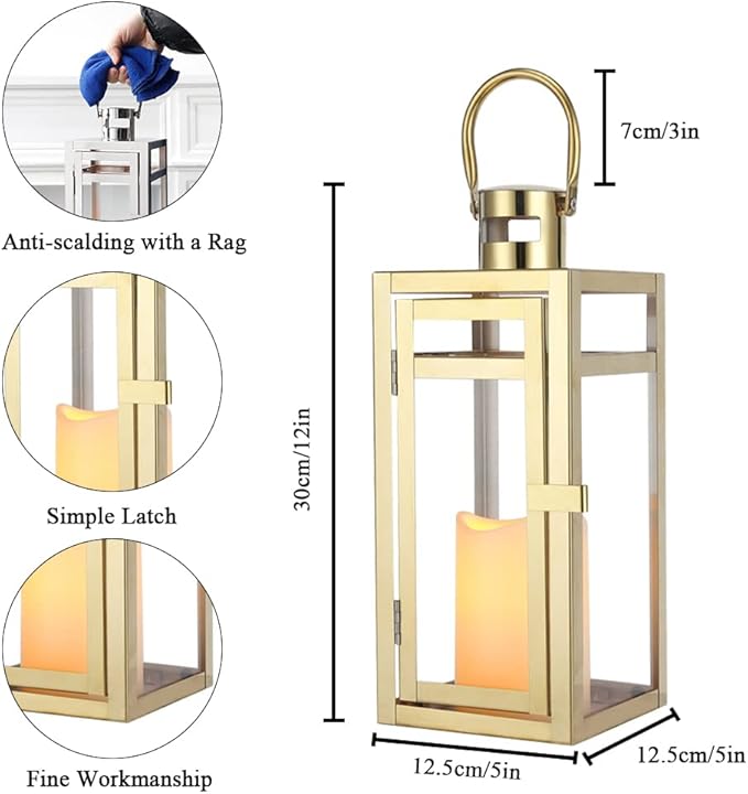 TRIROCKS Stainless Steel Decorative Lantern 12'' High Metal Candle Holder Outdoor Candle Lantern with Tempered Panels for Christmas Home Decor Living Room Parties Events Tabletop Indoor Outdoor (Gold)-Ruum Studio Home