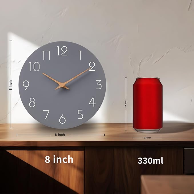 Mosewa Wall Clock 8 Inch Gray Battery Operated Silent Non Ticking Simple Modern Wood Clock Decorative for Bedroom Living Room Kitchen Home Bathroom Office-Ruum Studio Home
