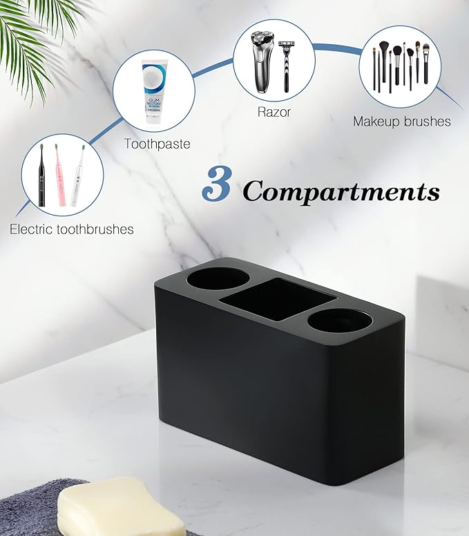 Luxspire Toothbrush Holder, 3 Slots Electric Toothbrush and Toothpaste Holder, Resin Bathroom Countertop Storage Bathroom Accessories Toothbrush Stand for Vanity Counter Organizer Caddy - Black-Ruum Studio Home