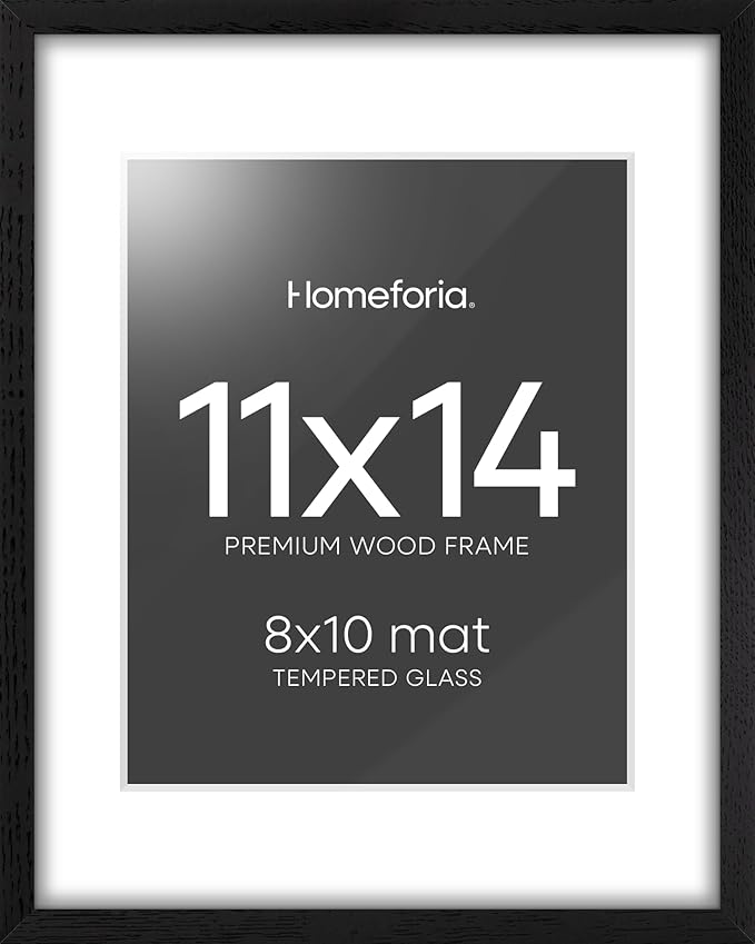 Homeforia 11x14 Picture Frame Black Wood, High End Oak 11x14 Poster Frames with Mat 8x10, 11 x 14 Wooden Frame Matted to 8 x 10 inch Photo, 14x11 Thin Hanging Frame, Tempered Glass, Wall Kit, Set of 1-Ruum Studio Home